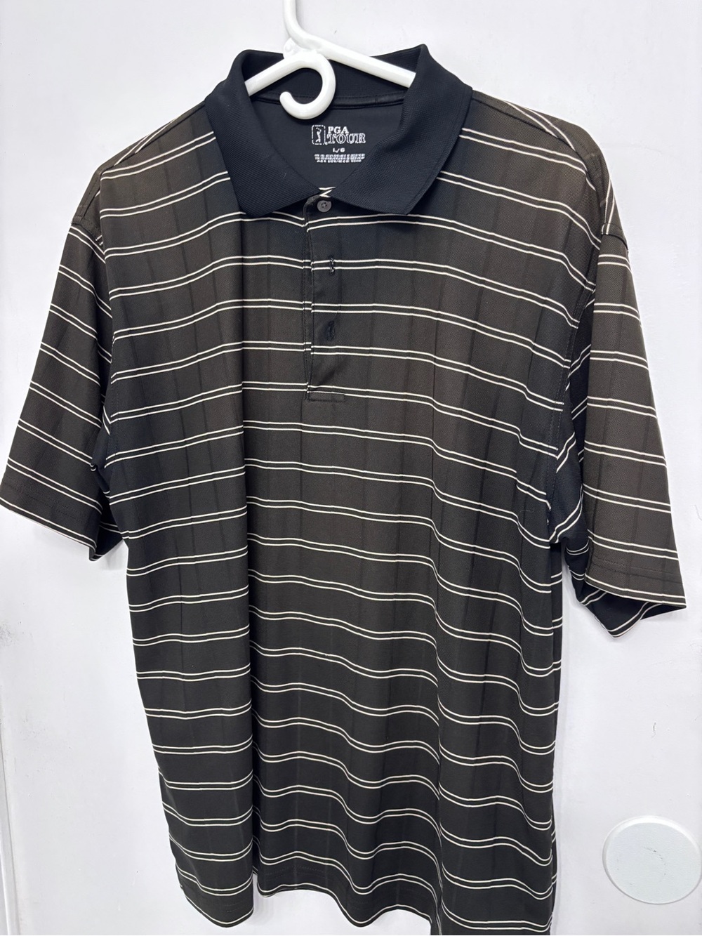 PGA TOUR Black Golf Polo with Thin White Stripes Large 48 x 28